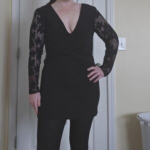 The Kooples Lace Sleeve Crepe Mini Black Dress